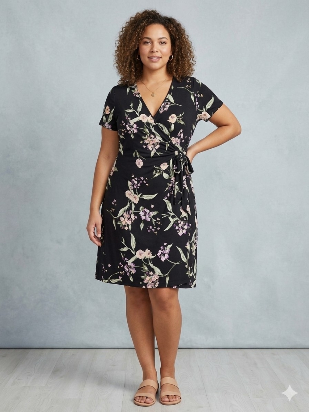 Nicole Miller Original Floral Faux Wrap Dress Black Lavender XL Knee Length